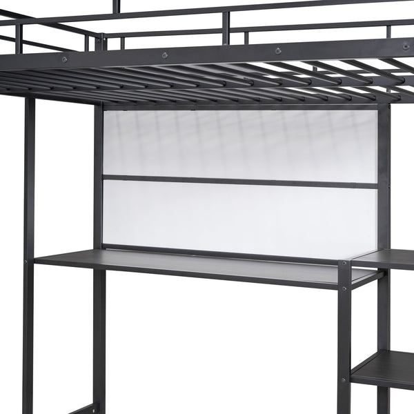 English Elm Full Full size metal loft bed with integrated desk, whiteboard and shelving for study space Black SF000019AAB