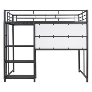 English Elm Full Full size metal loft bed with integrated desk, whiteboard and shelving for study space Black SF000019AAB