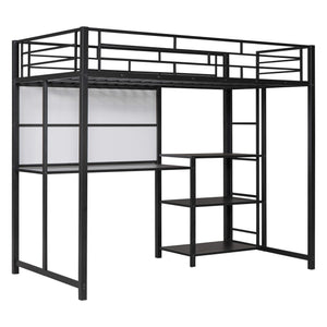 English Elm Twin Loft Bed with Integrated Desk, Shelves and Whiteboard – Sturdy Metal Frame, Space-Saving Design Black SF000018AAB