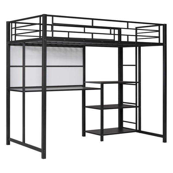 English Elm Twin Loft Bed with Integrated Desk, Shelves and Whiteboard – Sturdy Metal Frame, Space-Saving Design Black SF000018AAB