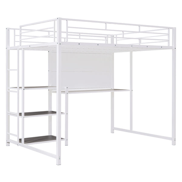 English Elm Full Full size metal loft bed with integrated desk, whiteboard and shelving for study space White SF000019AAK