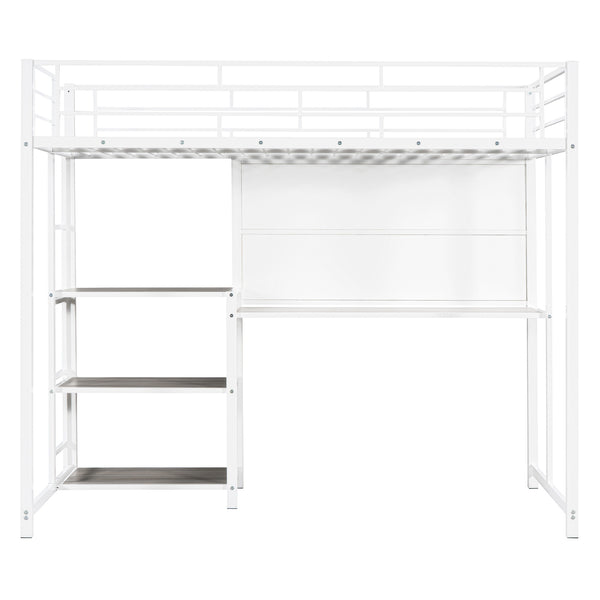 English Elm Twin Loft Bed with Integrated Desk, Shelves and Whiteboard – Sturdy Metal Frame, Space-Saving Design White SF000018AAK