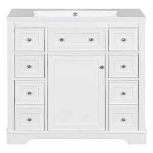 English Elm 36" Modern Bathroom Vanity with Ceramic Sink, Solid Wood & MDF Build, Six Drawers + Cabinet, Durable Finish and Adjustable Shelf for Organized Storage White SY999404AAK-6