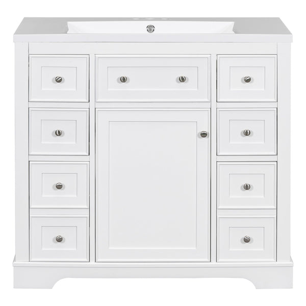 English Elm 36" Modern Bathroom Vanity with Ceramic Sink, Solid Wood & MDF Build, Six Drawers + Cabinet, Durable Finish and Adjustable Shelf for Organized Storage White SY999404AAK-6