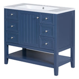 English Elm 36" Bathroom Vanity With Sink Combo, One Cabinet and Three Drawers, Solid Wood and Mdf Board, Blue