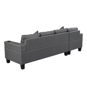 English Elm Sectional Linen Grey 4-Seat Sofa Set with L-Chaise, Cup Holder, Thick Foam Cushions, Left/Right W214S00007
