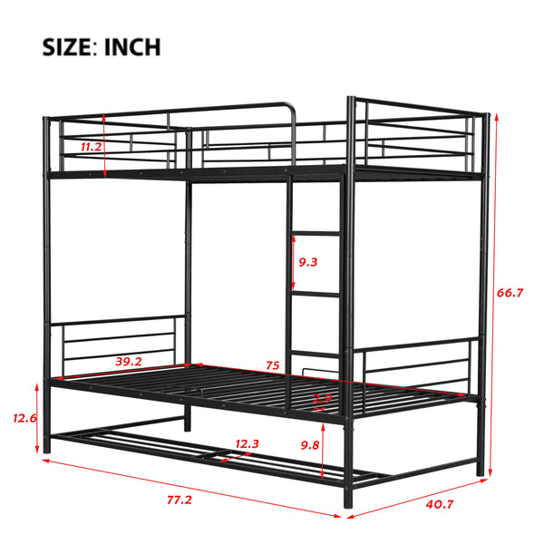 English Elm Twin Over Twin Metal Bunk Bed with Integrated Ladder, Guardrails & Under-Shelf Storage for Kids Black MF305475AAB