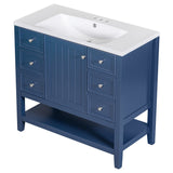 English Elm 36" Bathroom Vanity With Sink Combo, One Cabinet and Three Drawers, Solid Wood and Mdf Board, Blue