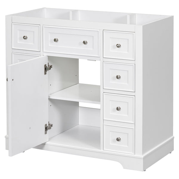English Elm 36" Solid Wood Bathroom Vanity Base with 6 Drawers & 1 Door, Modern Freestanding Cabinet, Undermount-Compatible White WF306253AAK