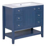 English Elm 36" Bathroom Vanity With Sink Combo, One Cabinet and Three Drawers, Solid Wood and Mdf Board, Blue