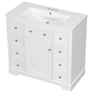 English Elm 36" Modern Bathroom Vanity with Ceramic Sink, Solid Wood & MDF Build, Six Drawers + Cabinet, Durable Finish and Adjustable Shelf for Organized Storage White SY999404AAK-6