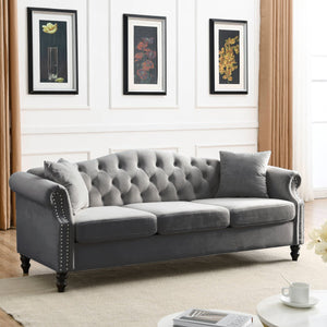 English Elm 3-Seater Grey Velvet Sofa Set With 2-Seater, 4 Pillows, Modern Design For Living Rooms & Lounges W834S00403