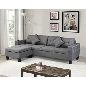 English Elm Sectional Linen Grey 4-Seat Sofa Set with L-Chaise, Cup Holder, Thick Foam Cushions, Left/Right W214S00007