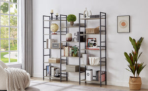 English Elm Triple Triple Wide 5-Shelf Bookshelves Industrial Retro Wooden Style Large Open Display Unit with Anti-Tip Straps and Adjustable Feet for Home Office Storage and Decor 69.3"W x 11.8"D x 70.1"H Grey W1668102869