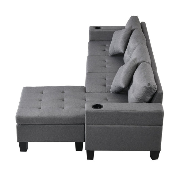 English Elm Sectional Sofa with Reversible Chaise Cup Holders Gray Linen 4 Seat Living Room W21483854