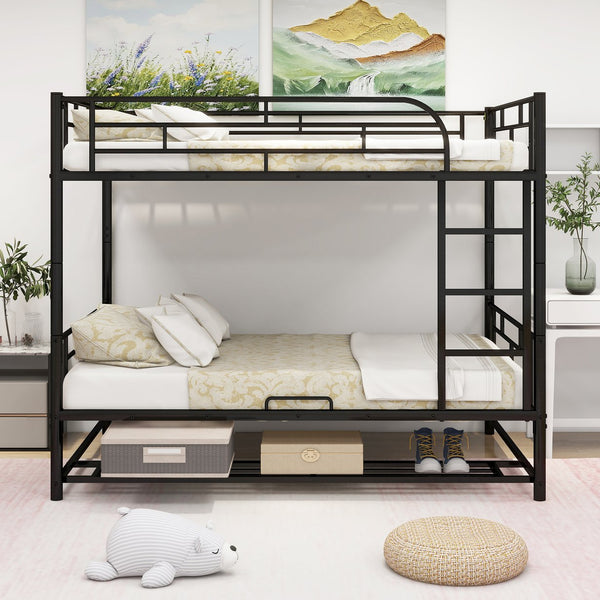English Elm Full Full Over Metal Bunk Bed with Integrated Ladder, Guardrails and Under-Shelf Storage, Sturdy Steel Frame Black SF000006AAB