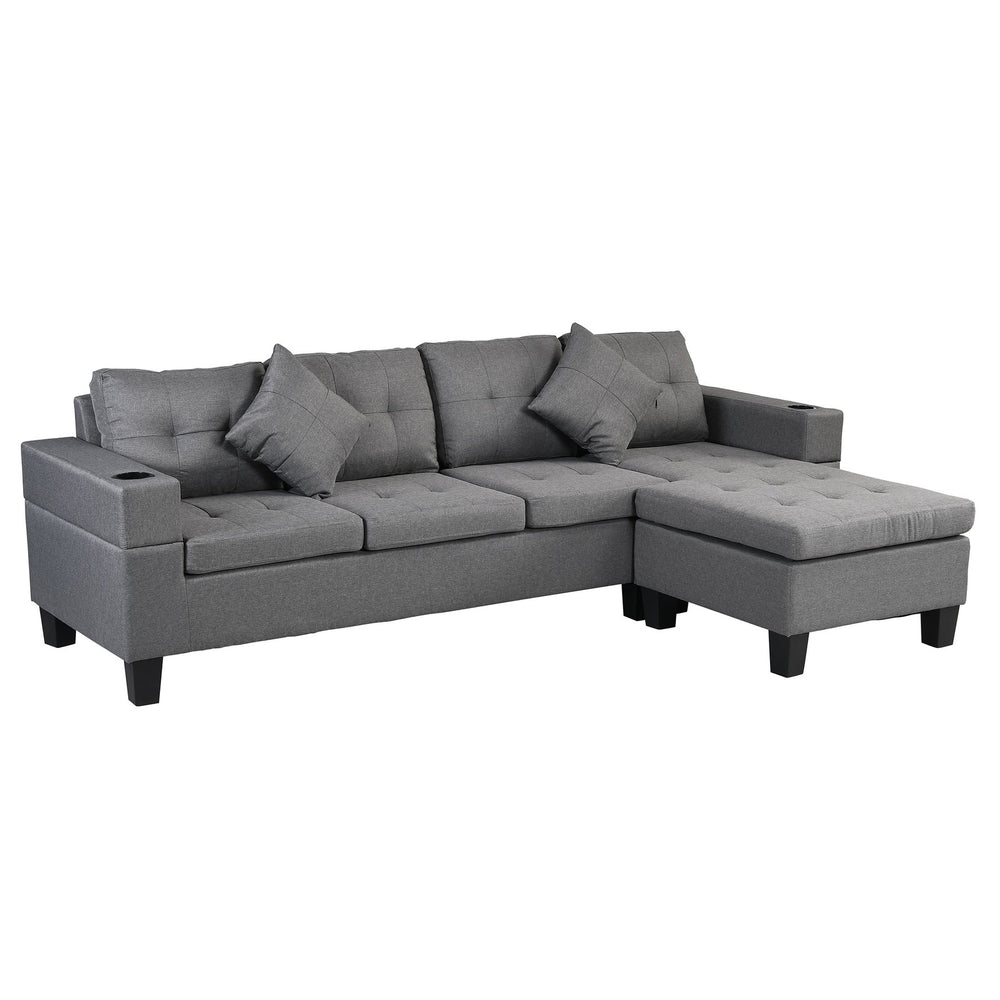 English Elm Sectional Linen Grey 4-Seat Sofa Set with L-Chaise, Cup Holder, Thick Foam Cushions, Left/Right W214S00007
