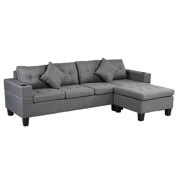 English Elm Sectional Sofa with Reversible Chaise Cup Holders Gray Linen 4 Seat Living Room W21483854