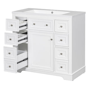 English Elm 36" Modern Bathroom Vanity with Ceramic Sink, Solid Wood & MDF Build, Six Drawers + Cabinet, Durable Finish and Adjustable Shelf for Organized Storage White SY999404AAK-6