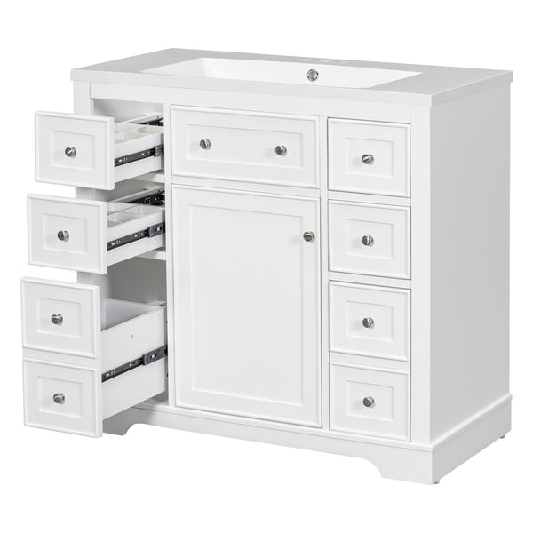 English Elm 36" Modern Bathroom Vanity with Ceramic Sink, Solid Wood & MDF Build, Six Drawers + Cabinet, Durable Finish and Adjustable Shelf for Organized Storage White SY999404AAK-6