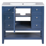 English Elm 36" Bathroom Vanity With Sink Combo, One Cabinet and Three Drawers, Solid Wood and Mdf Board, Blue