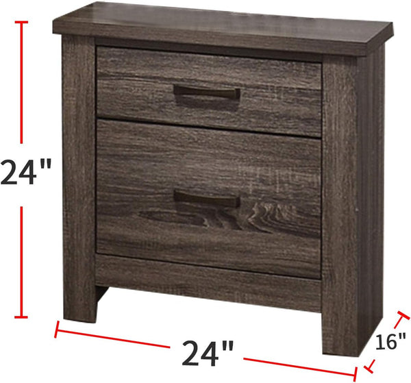English Elm Natural Weathered Grey Nightstand with 2 Drawers, Mid-Century Tapered Legs, Black Groove Accents, 24"H HSESF00F5476