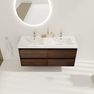 English Elm 48 Inch Floating Bathroom Vanity with Dual Resin Sinks, 4 Soft-Close Drawers, Water-Resist Finish W999110579