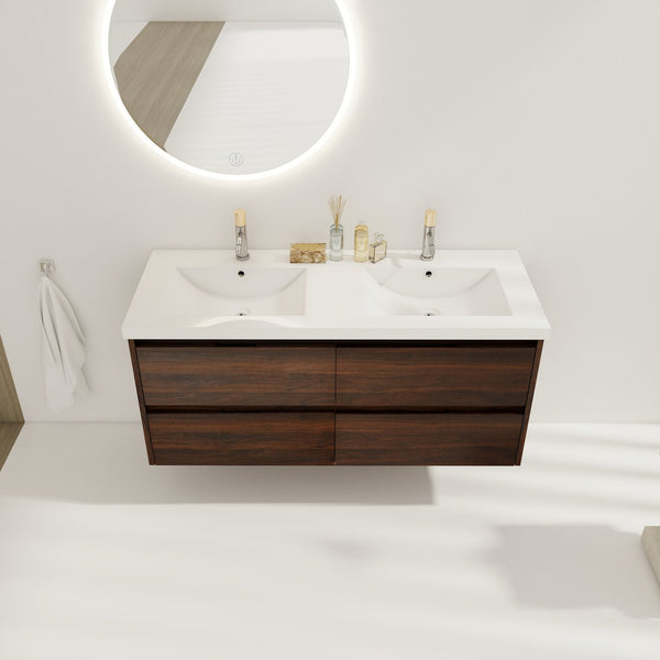 English Elm 48 Inch Floating Bathroom Vanity with Dual Resin Sinks, 4 Soft-Close Drawers, Water-Resist Finish W999110579