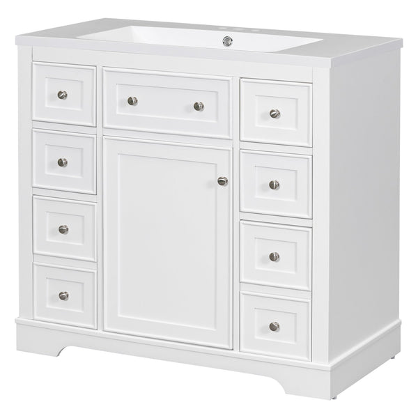 English Elm 36" Modern Bathroom Vanity with Ceramic Sink, Solid Wood & MDF Build, Six Drawers + Cabinet, Durable Finish and Adjustable Shelf for Organized Storage White SY999404AAK-6