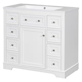 English Elm 36" Bathroom Vanity With Sink Combo, One Cabinet and Six Drawers, Solid Wood and Mdf Board, White