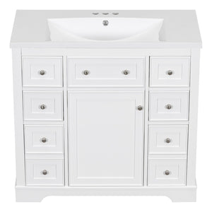 English Elm 36" Modern Bathroom Vanity with Ceramic Sink, Solid Wood & MDF Build, Six Drawers + Cabinet, Durable Finish and Adjustable Shelf for Organized Storage White SY999404AAK-6