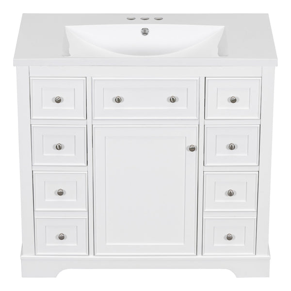 English Elm 36" Modern Bathroom Vanity with Ceramic Sink, Solid Wood & MDF Build, Six Drawers + Cabinet, Durable Finish and Adjustable Shelf for Organized Storage White SY999404AAK-6