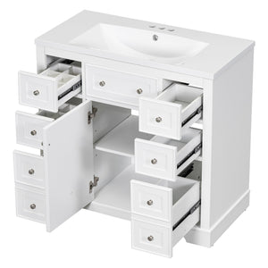 English Elm 36" Modern Bathroom Vanity with Ceramic Sink, Solid Wood & MDF Build, Six Drawers + Cabinet, Durable Finish and Adjustable Shelf for Organized Storage White SY999404AAK-6