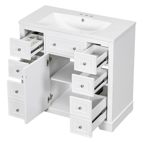 English Elm 36" Modern Bathroom Vanity with Ceramic Sink, Solid Wood & MDF Build, Six Drawers + Cabinet, Durable Finish and Adjustable Shelf for Organized Storage White SY999404AAK-6