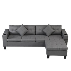 English Elm Sectional Sofa with Reversible Chaise Cup Holders Gray Linen 4 Seat Living Room W21483854