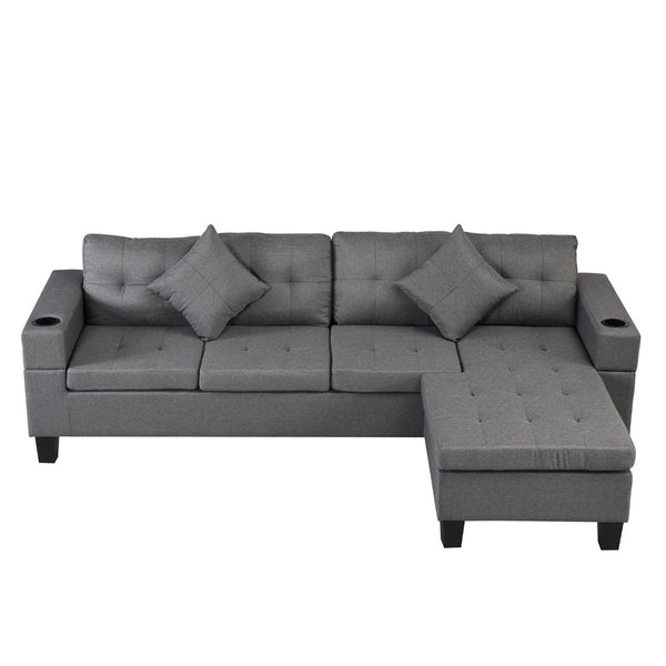English Elm Sectional Sofa with Reversible Chaise Linen Upholstery Cup Holders Modern Living Room W21483858