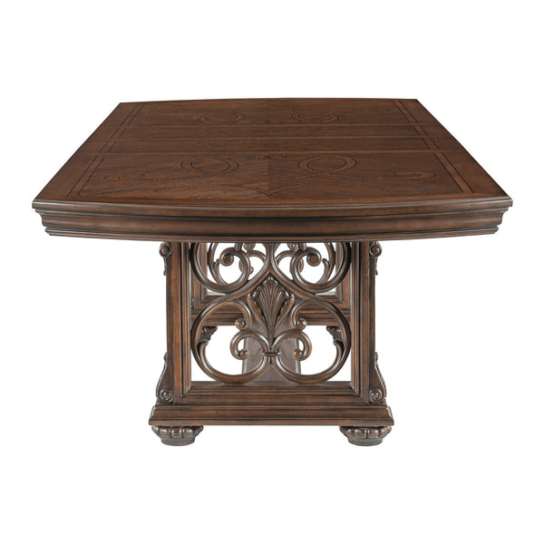 English Elm Traditional Bergen Dining Table Dark Oak Finish with 14" Extension Leaf, Routed Pilasters & Moldings B011S00440