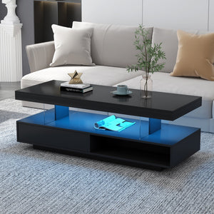 English Elm Led Coffee Table With Storage, Modern Center Table With 2 Drawers and Display Shelves, Accent Furniture With Led Lights For Living Room,Black