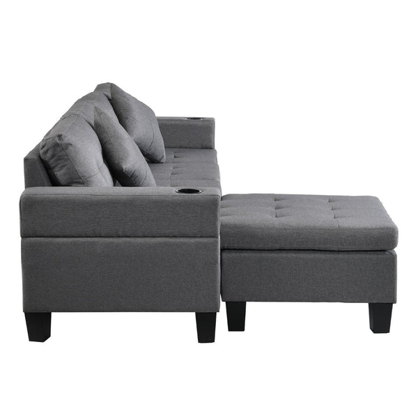 English Elm Sectional Sofa with Reversible Chaise Linen Upholstery Cup Holders Modern Living Room W21483858
