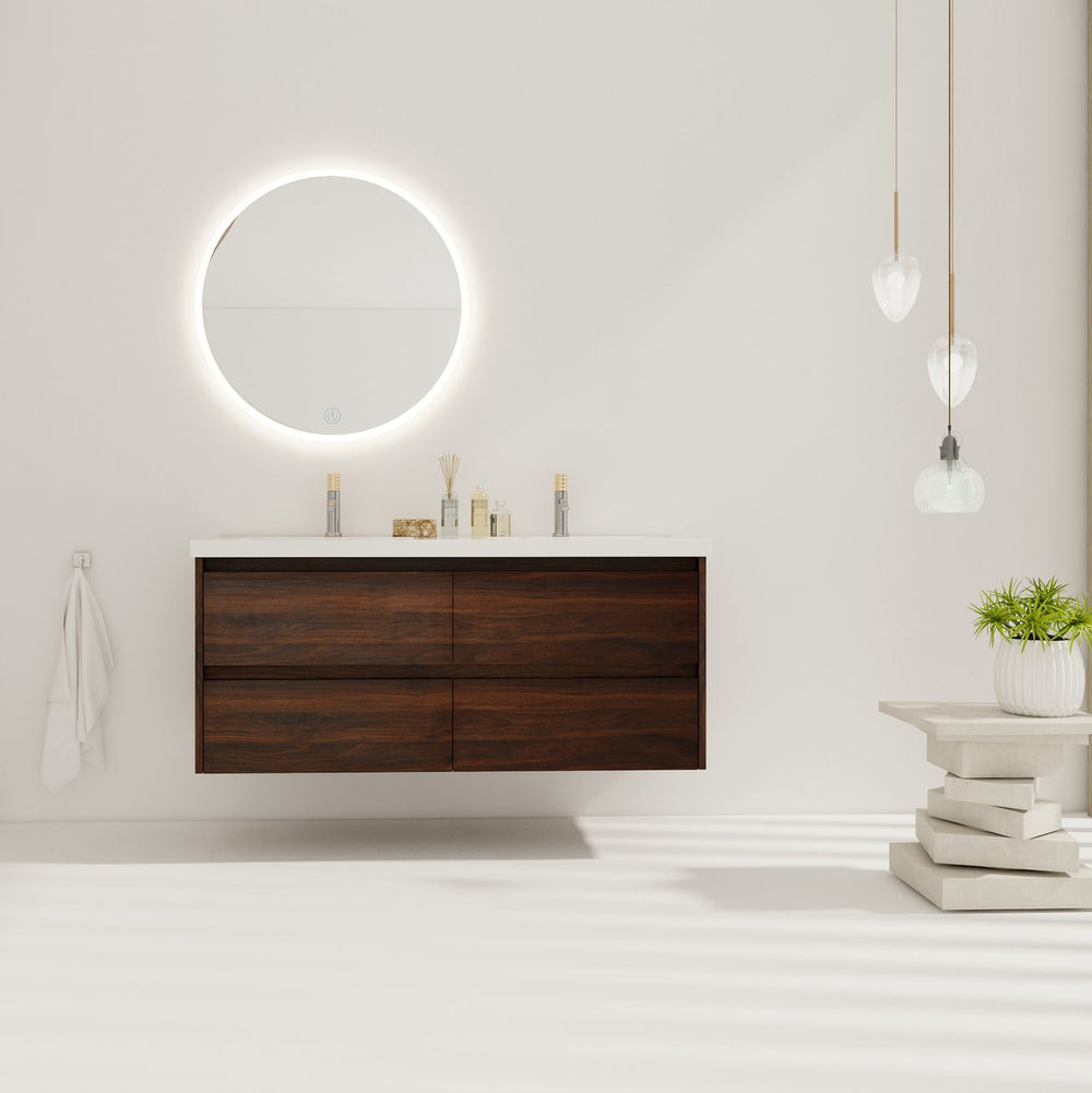 English Elm 48 Inch Floating Bathroom Vanity with Dual Resin Sinks, 4 Soft-Close Drawers, Water-Resist Finish W999110579