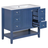 English Elm 36" Bathroom Vanity With Sink Combo, One Cabinet and Three Drawers, Solid Wood and Mdf Board, Blue