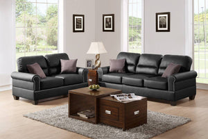 English Elm Black Bonded Leather 2-Piece Sofa and Loveseat Set with Plush Pillow Double Barrel Back, Nickel Trimmed Buttons HS00F7877-ID-AHD