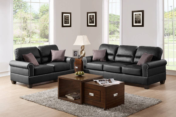 English Elm Black Bonded Leather 2-Piece Sofa and Loveseat Set with Plush Pillow Double Barrel Back, Nickel Trimmed Buttons HS00F7877-ID-AHD
