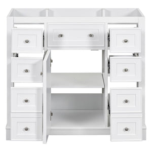 English Elm 36" Solid Wood Bathroom Vanity Base with 6 Drawers & 1 Door, Modern Freestanding Cabinet, Undermount-Compatible White WF306253AAK