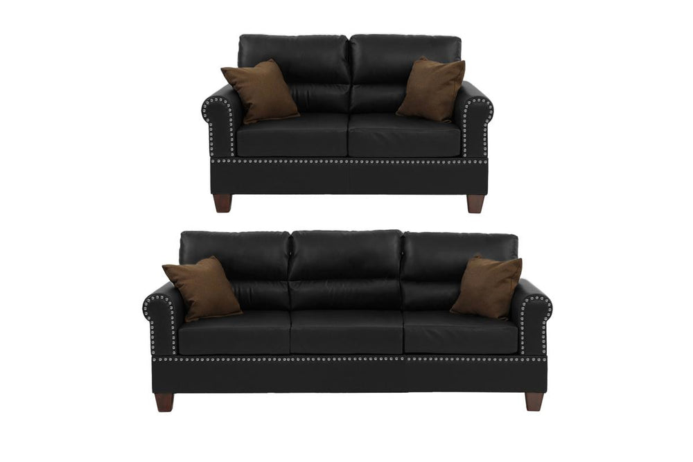 English Elm Black Bonded Leather 2-Piece Sofa and Loveseat Set with Plush Pillow Double Barrel Back, Nickel Trimmed Buttons HS00F7877-ID-AHD