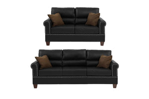English Elm Black Bonded Leather 2-Piece Sofa and Loveseat Set with Plush Pillow Double Barrel Back, Nickel Trimmed Buttons HS00F7877-ID-AHD