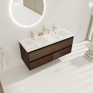 English Elm 48 Inch Floating Bathroom Vanity with Dual Resin Sinks, 4 Soft-Close Drawers, Water-Resist Finish W999110579