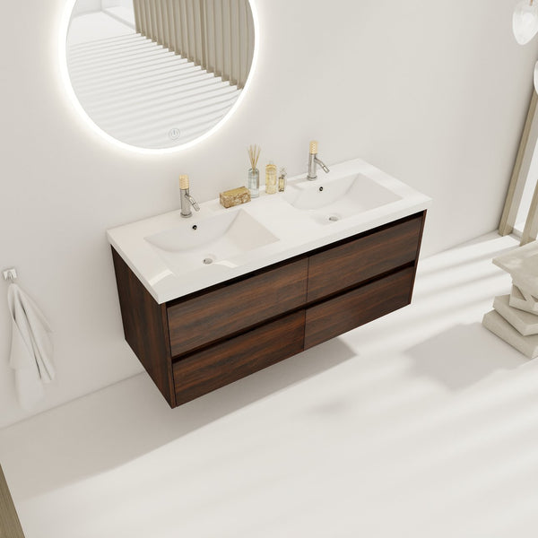 English Elm 48 Inch Floating Bathroom Vanity with Dual Resin Sinks, 4 Soft-Close Drawers, Water-Resist Finish W999110579