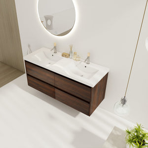 English Elm 48 Inch Floating Bathroom Vanity with Dual Resin Sinks, 4 Soft-Close Drawers, Water-Resist Finish W999110579