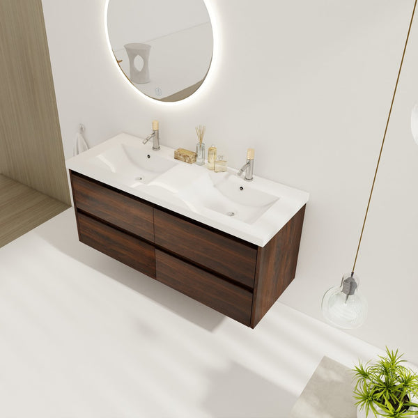 English Elm 48 Inch Floating Bathroom Vanity with Dual Resin Sinks, 4 Soft-Close Drawers, Water-Resist Finish W999110579